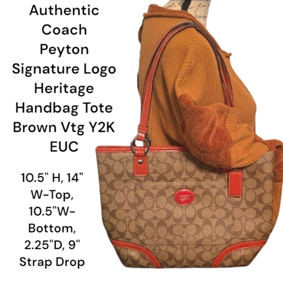 Coach Peyton Signature Logo Heritage Handbag Tote Brown/Orange Vtg Y2K EUC - Picture 1 of 10
